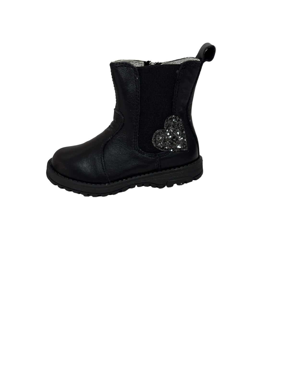 Primigi Nappa Black Leather Chelsea Boot with Glitter Heart