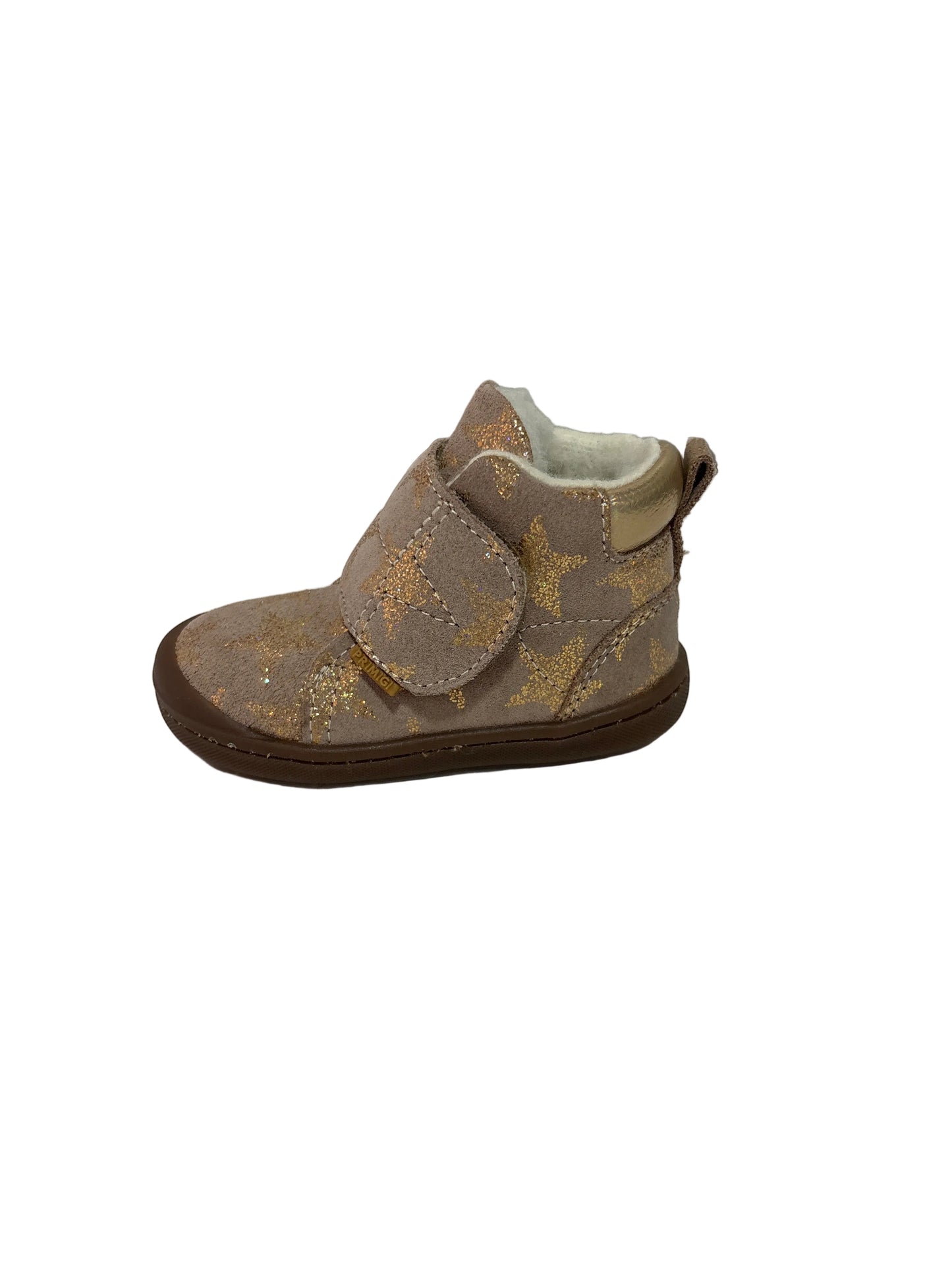 Primigi beige/gold suede finish with gold stars.