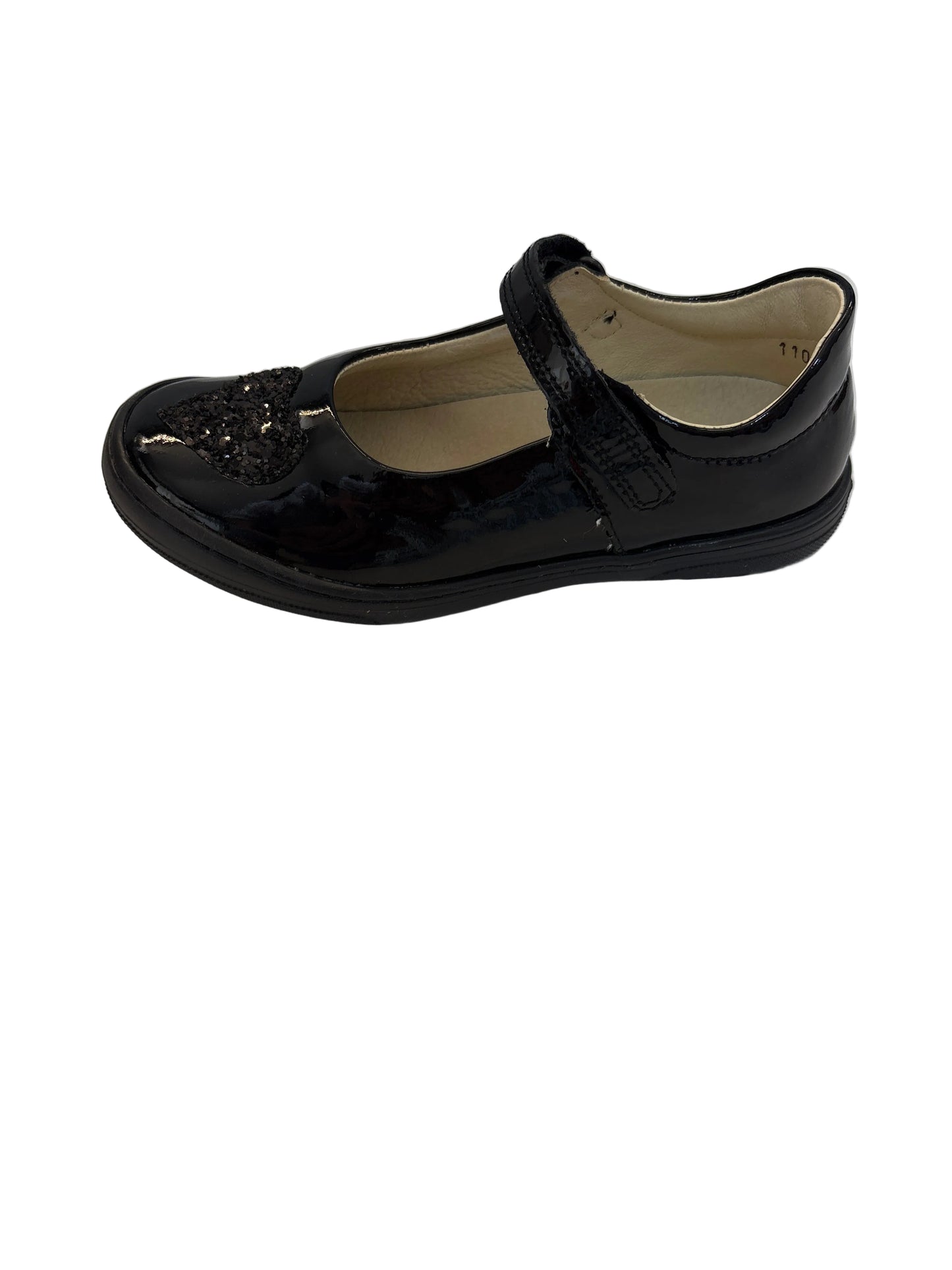 Girls Black patent Froddo Mia H school shoe with glitter Heart no