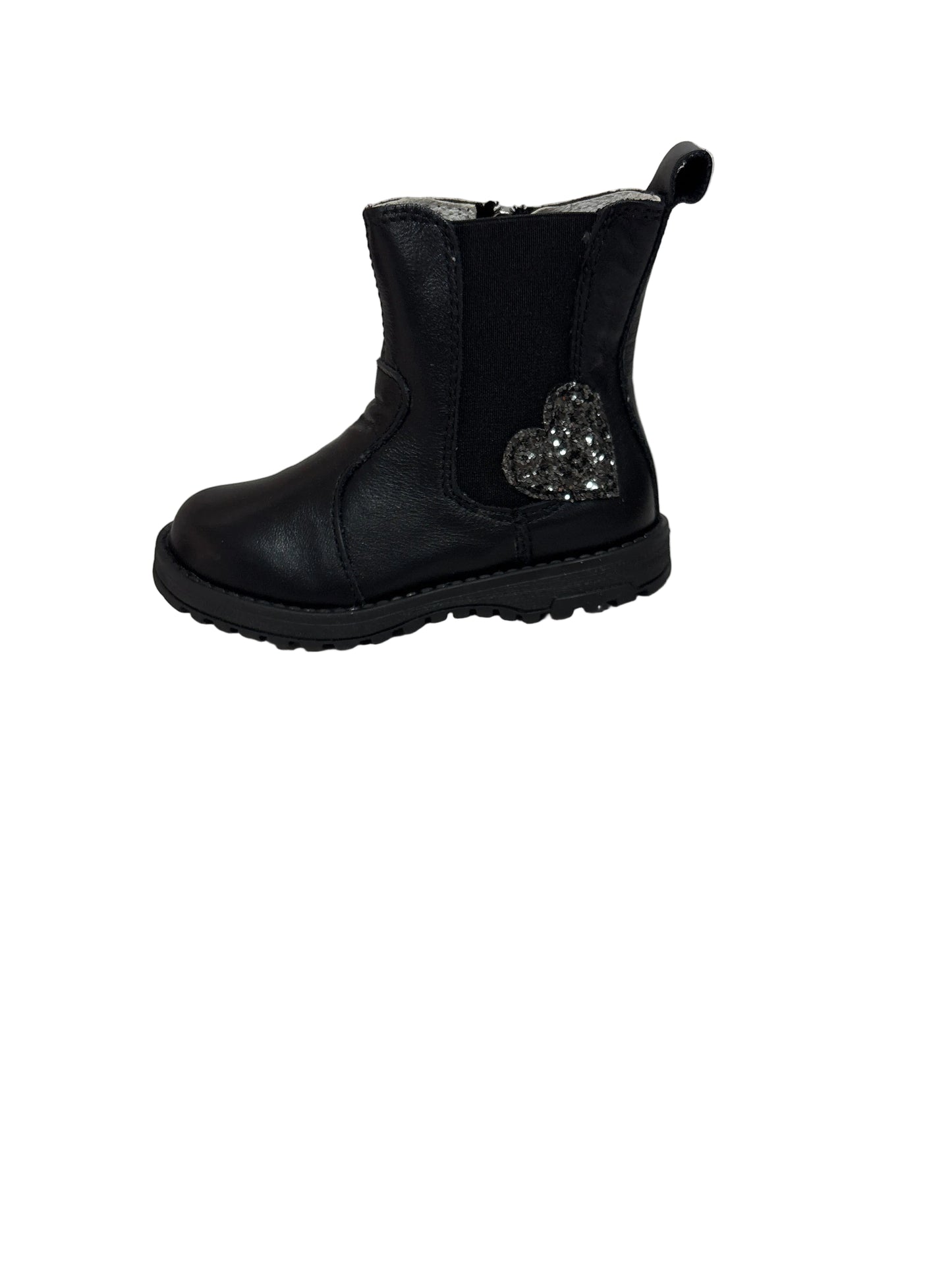Primigi Nappa Black Leather Chelsea Boot with Glitter Heart