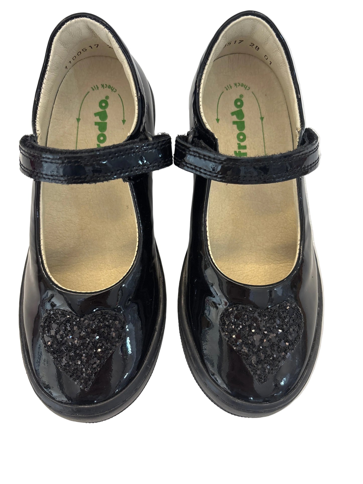 Girls Black patent Froddo Mia H school shoe with glitter Heart no