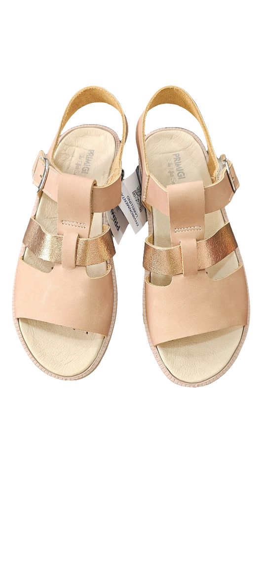 Primigi, soft Italian leather. Beautiful with velcro. Comfy sole, rose pink and tan.