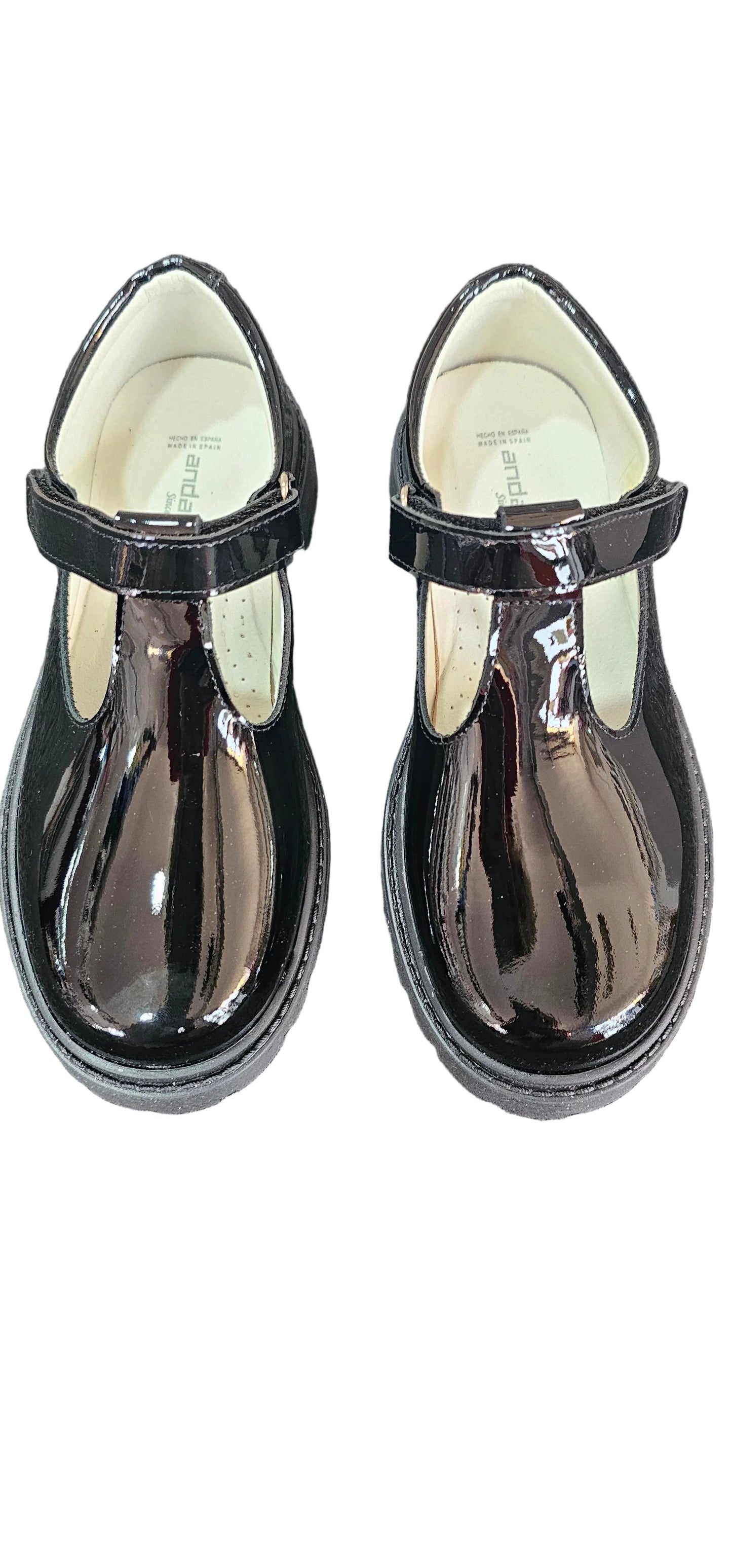 ANDANINES T BAR, PATENT VELCRO CHUNKY SOLE